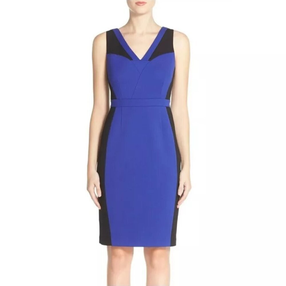 Adrianna Pappel Cobalt Blue and Black Colorblock Modernist Sheath Dress Size 8